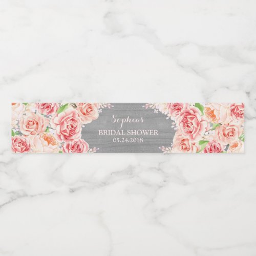 Grey Wood Pink Watercolor Flowers Bridal Shower Water Bottle Label