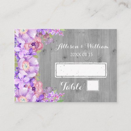 Grey Wood Purple Lilac Floral Place Setting Cards