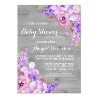 Grey Wood Purple Watercolor Flowers Baby Shower Card