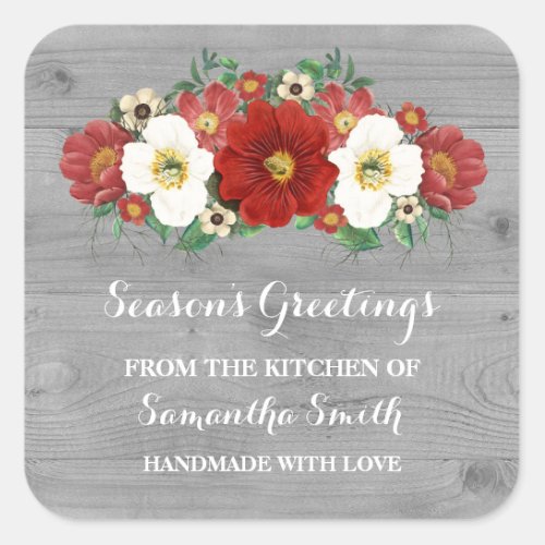 Grey Wood Red Floral Christmas Baking Sticker