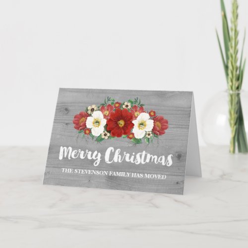 Grey Wood Red Floral Merry Christmas New Address Holiday Card