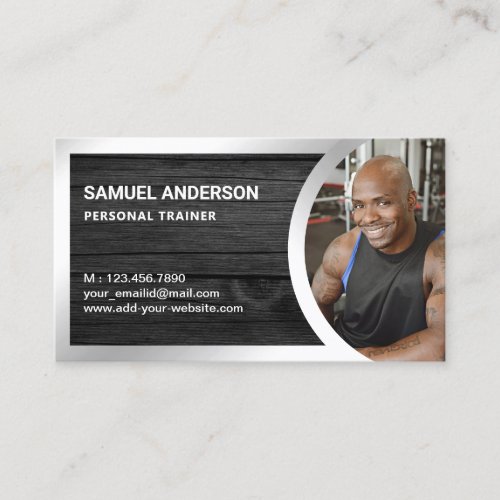Grey Wood Silver Fitness Personal Trainer Photo Business Card