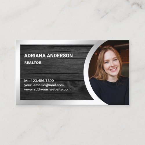 Grey Wood Silver Foil Real Estate Photo Realtor Business Card