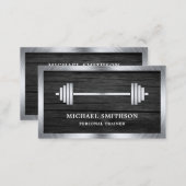 Grey Wood Steel Barbell Fitness Personal Trainer Business Card (Front/Back)