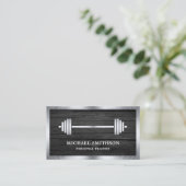 Grey Wood Steel Barbell Fitness Personal Trainer Business Card (Standing Front)