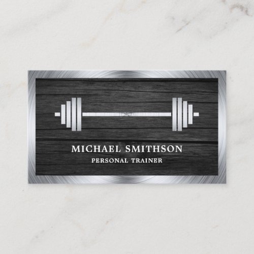 Grey Wood Steel Barbell Fitness Personal Trainer Business Card