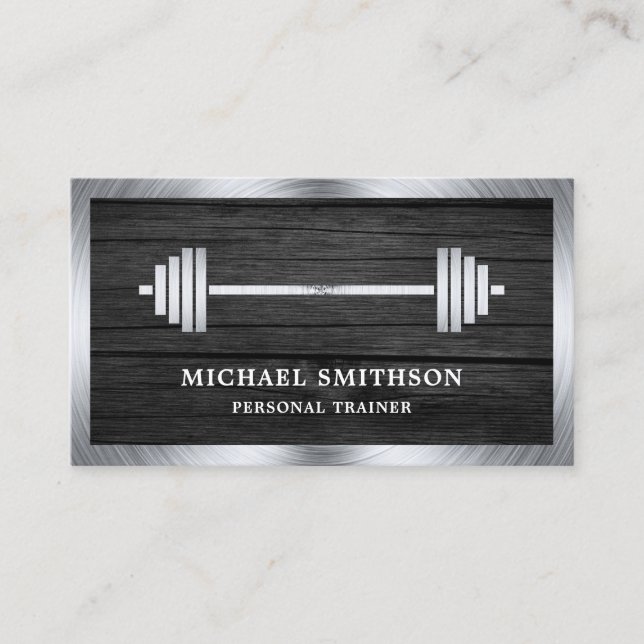 Grey Wood Steel Barbell Fitness Personal Trainer Business Card (Front)