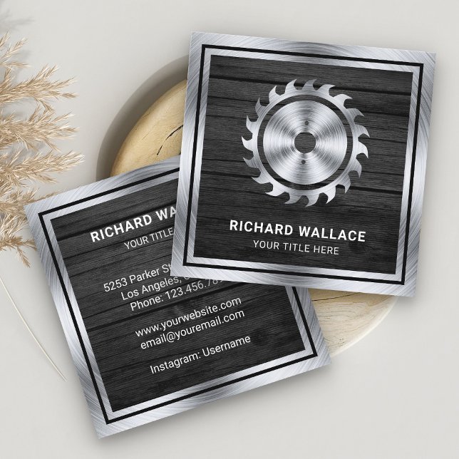 Grey Wood Steel Circular Saw Handyman Carpenter Square Business Card (Creator Uploaded)