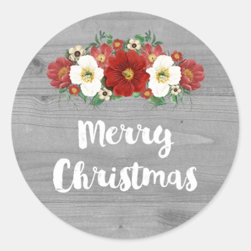 Grey Wood Vintage Red Floral Merry Christmas Classic Round Sticker