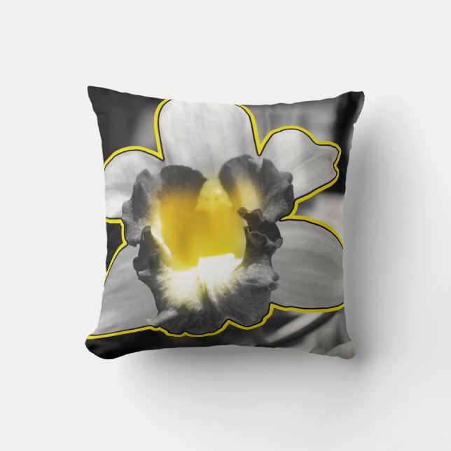 Grey Yellow Black White Orchid Throw Pillow (Front)
