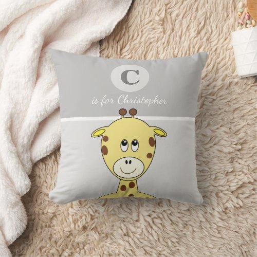 Grey yellow brown with a cute giraffe baby name throw pillow
