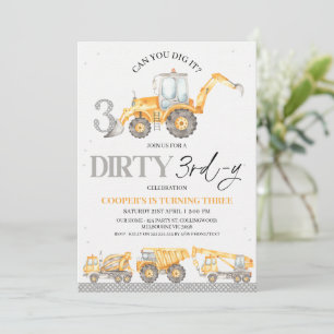 Grey Yellow Construction Dirty 3rd-y 3rd Birthday  Invitation