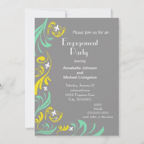 Grey Yellow Fleur de Lis Vine Engagement Party Personalized Invite