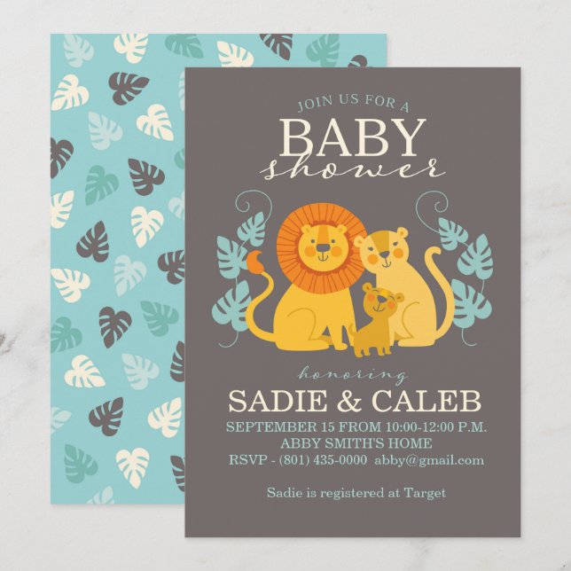 Grey, Yellow, Jungle Lion Baby Shower Invitation (Front/Back)