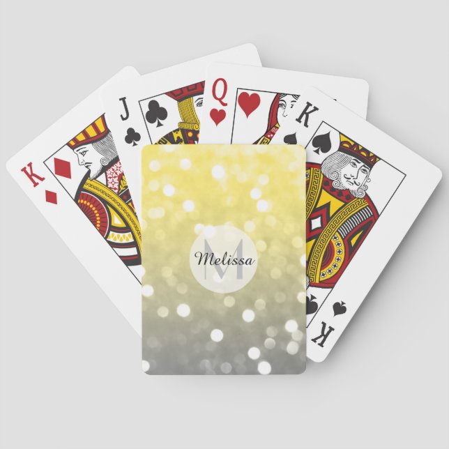Grey yellow light sparkly bokeh abstract Monogram Poker Cards (Back)