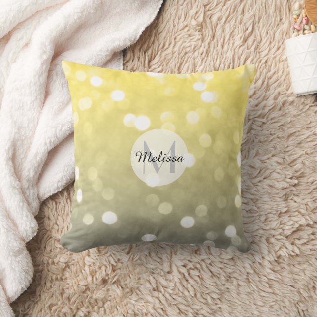 Grey yellow light sparkly bokeh abstract Monogram Throw Pillow (Blanket)