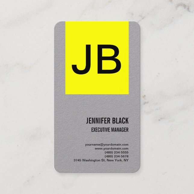 Grey Yellow Monogram Minimalist Modern Plain Business Card (Front)