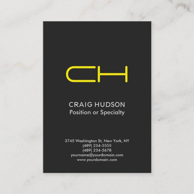 Grey Yellow Monogram Professional Business Card (Front)