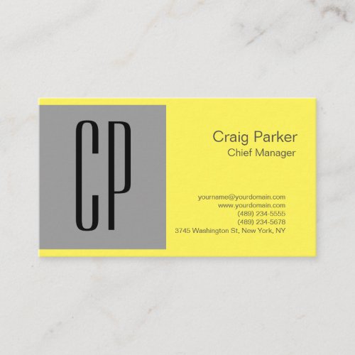 Grey Yellow Monogram Professional Plain Simple Business Card