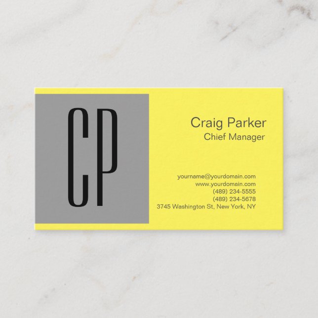 Grey Yellow Monogram Professional Plain Simple Business Card (Front)