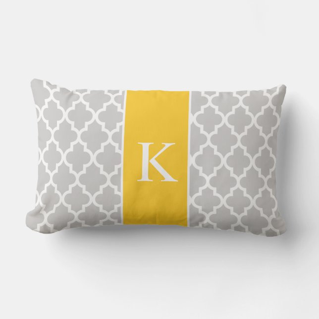 Grey Yellow Moroccan Custom Monogram Lumbar Pillow (Front)