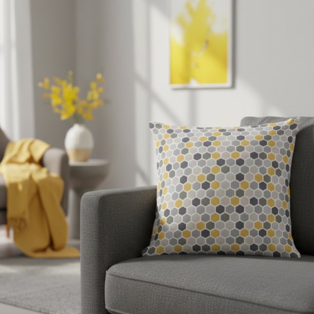 Grey Yellow Neutral Modern Geometric Hex Throw Pillow (Creator Uploaded)