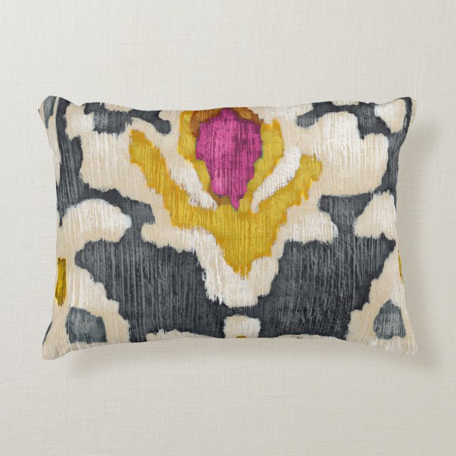 Grey Yellow Pink Tribal Ikat Accent Pillow (Front)