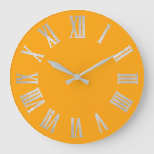 Grey Yellow Silver Metallic Gray Roman Numbers Large Clock