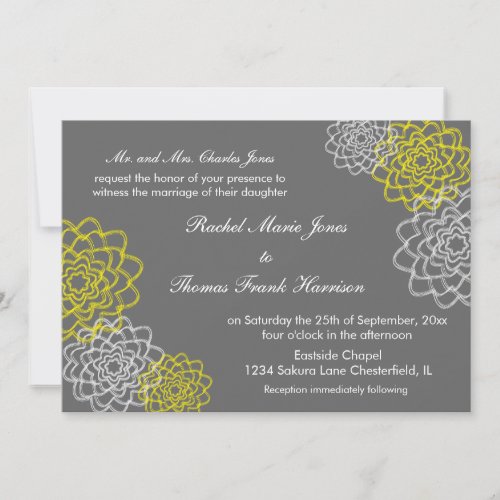 Grey/Yellow Sketched flowers Wedding Invite