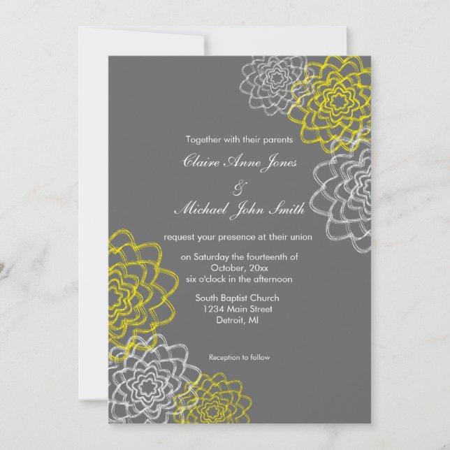 Grey/Yellow Sketched flowers Wedding Invite (Front)