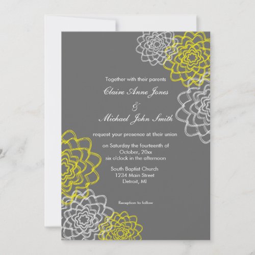 Grey/Yellow Sketched flowers Wedding Invite