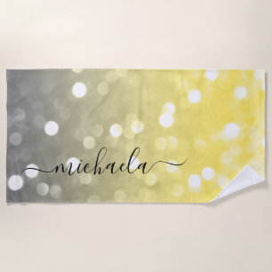 Grey yellow sparkly bokeh Custom name Beach Towel