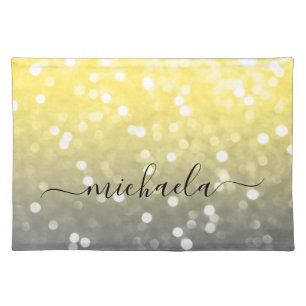 Grey yellow sparkly bokeh Custom name Cloth Placemat