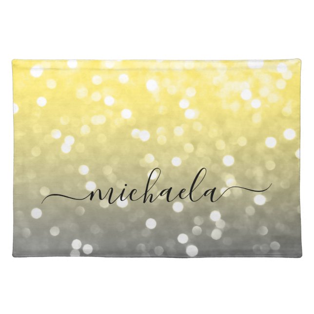 Grey yellow sparkly bokeh Custom name Cloth Placemat (Front)