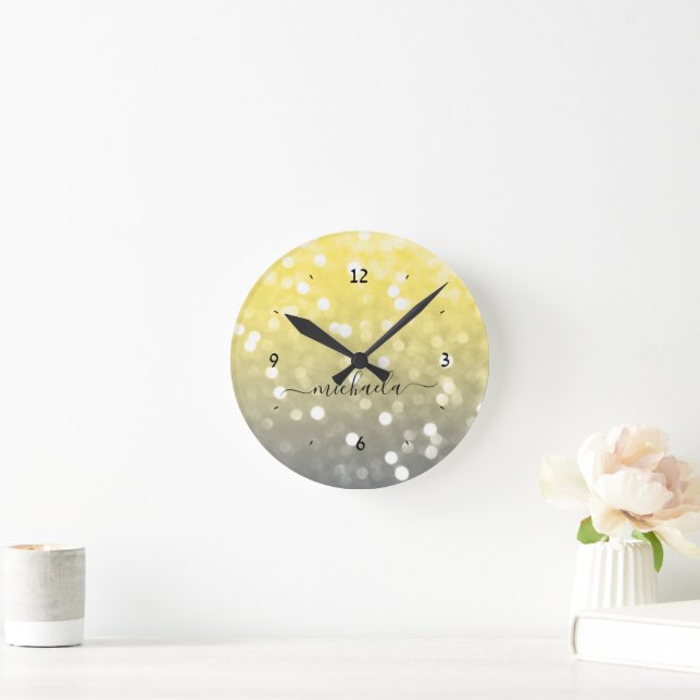 Grey yellow sparkly bokeh Custom name Round Clock (Home)