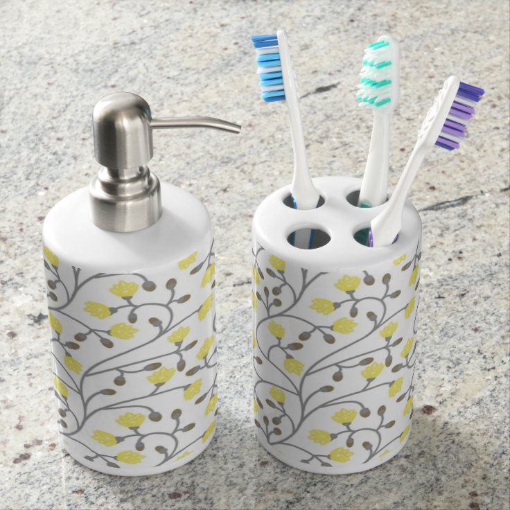 Grey & Yellow Toothbrush holder & Soap Dispenser Zazzle