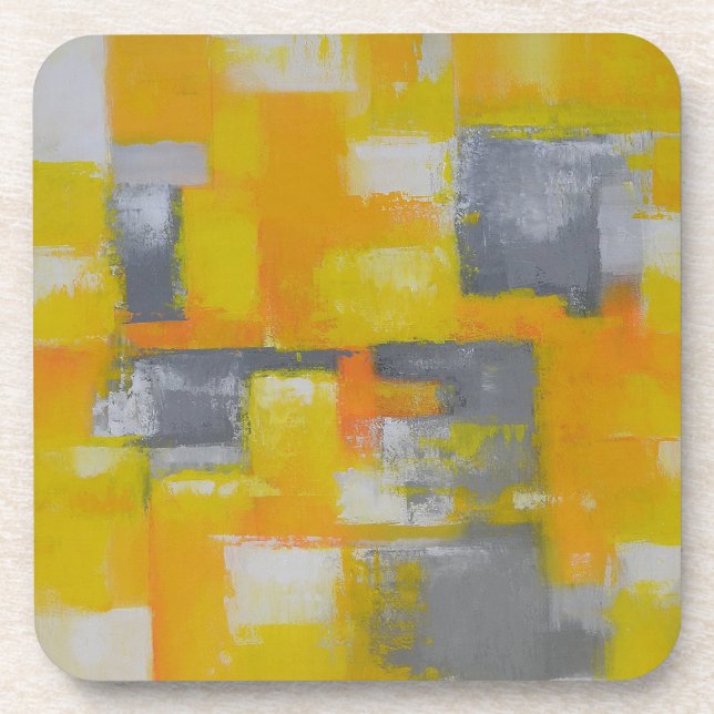 grey yellow white abstract art painting beverage coaster (Front)