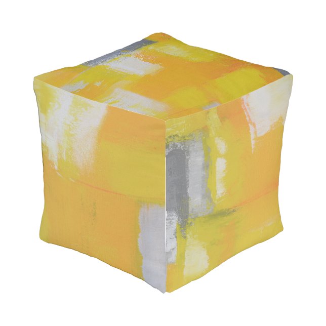 grey yellow white abstract art painting outdoor pouf (Angled Back)