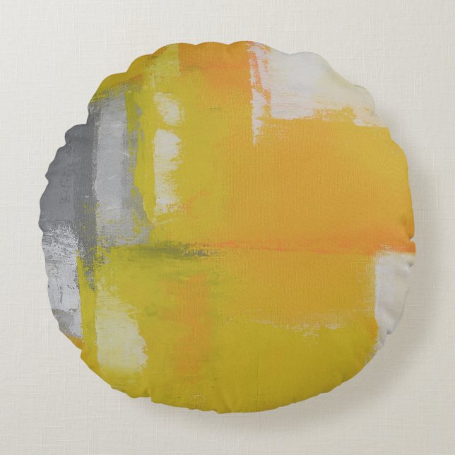 grey yellow white abstract art painting round pillow (Front)