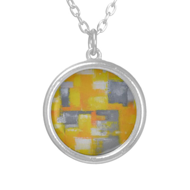 grey yellow white abstract art painting silver plated necklace (Front)
