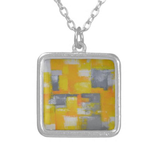 grey yellow white abstract art painting silver plated necklace