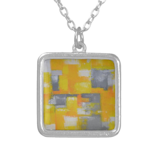 grey yellow white abstract art painting silver plated necklace (Front)