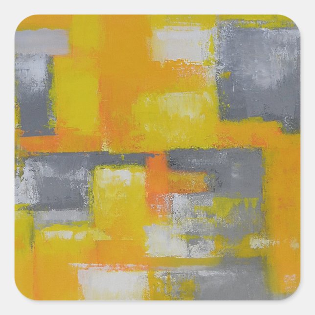 grey yellow white abstract art painting square sticker (Front)