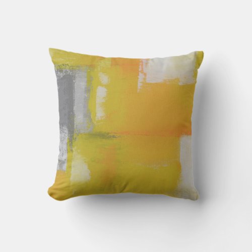 grey yellow white abstract art painting throw pillow