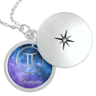 Grey Zodiac Gemini & sign on blue galaxy   Locket Necklace