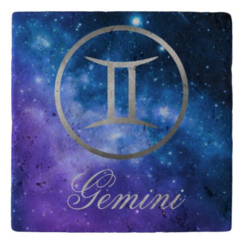 Grey Zodiac Gemini  sign on blue galaxy  Trivet