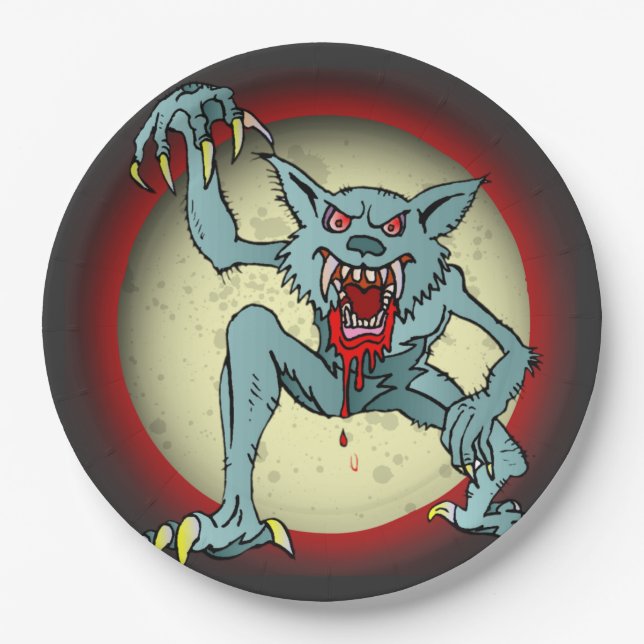 Greyback Werewolf Blood Red Full Moon Halloween Paper Plates (Front)