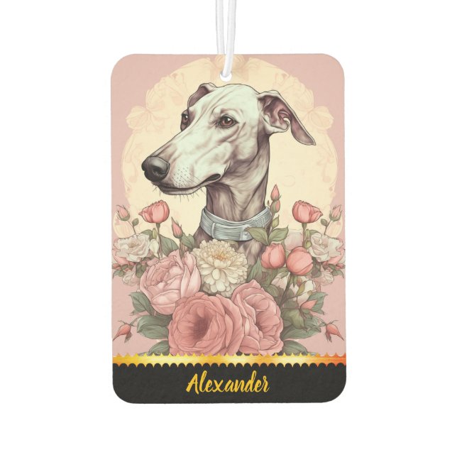 Greyhound amid spring's blooming roses air freshener (Back)