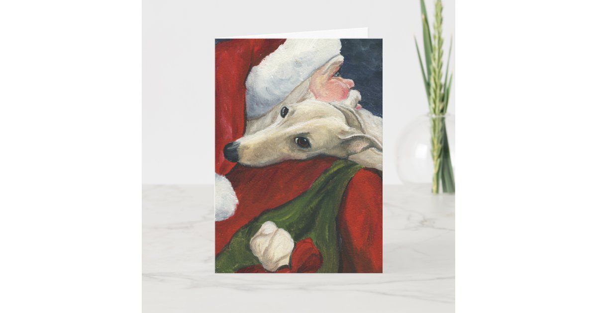 "Greyhound and Santa" Dog Art Christmas Card Zazzle