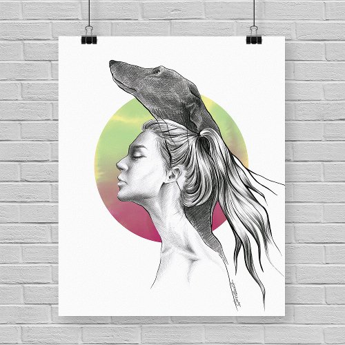 Greyhound and Woman Portrait Dog lover Elegant Art Poster